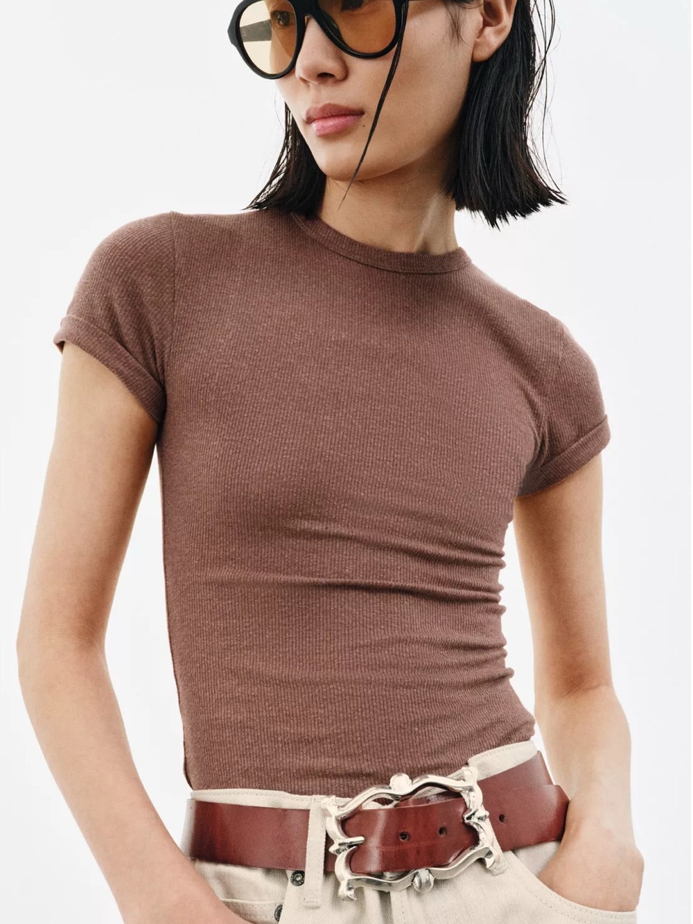 Zara Chocolate Brown Ribbed Short Sleeve Crewneck Linen Tee